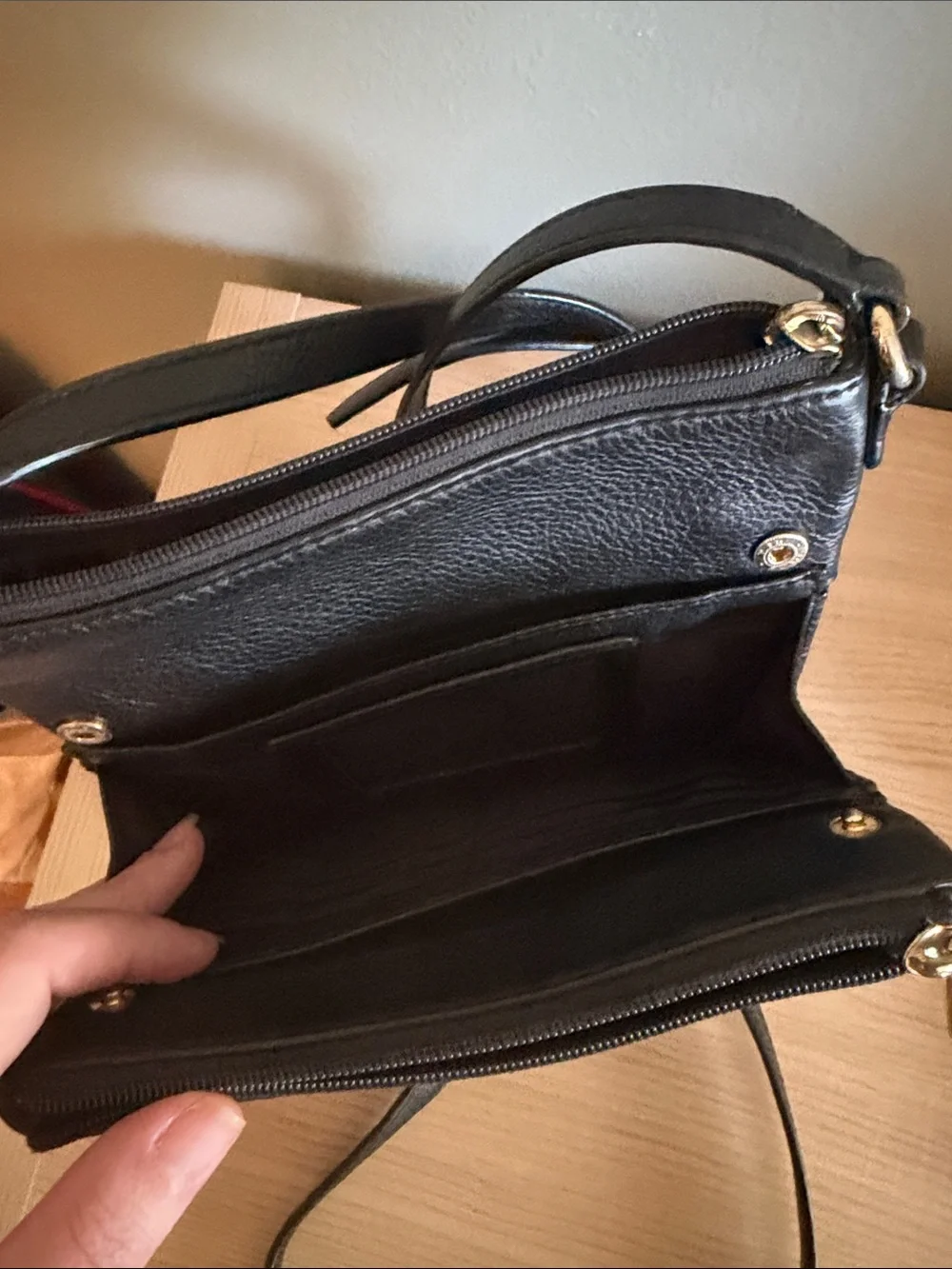 Michael Kors Black Leather Crossbody with Gold MK Emblem